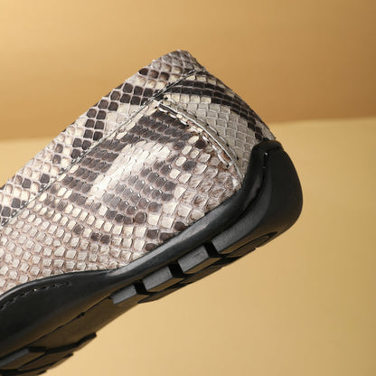 ニシキヘビ皮 本革製メンズモカシン ファッション ゴム底 男性カジュアルシューズ