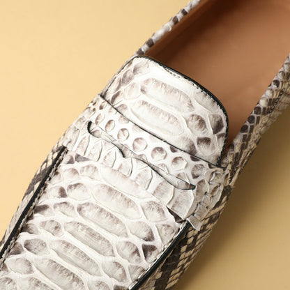 ニシキヘビ皮 本革製メンズモカシン ファッション ゴム底 男性カジュアルシューズ