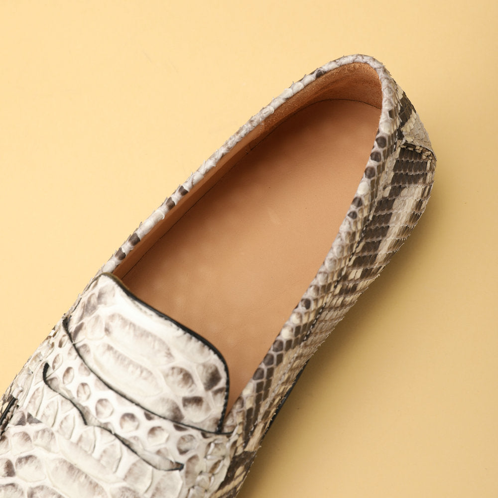 ニシキヘビ皮 本革製メンズモカシン ファッション ゴム底 男性カジュアルシューズ