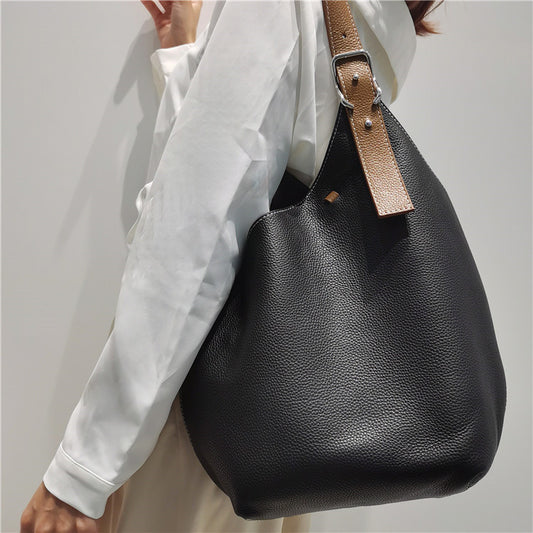 Women's Tote Bag Large Capacity Shoulder Bag Fashionable Bucket Bag Lychee Pattern Cowhide Simple Tote Bag