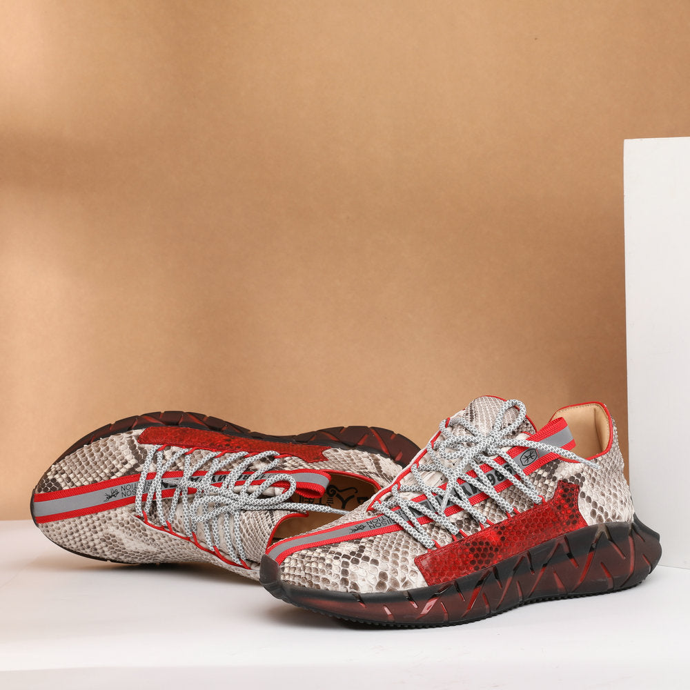 ニシキヘビ皮 本革製 メンズスニーカー スポーツカジュアルシュー ズ滑り止め男性靴