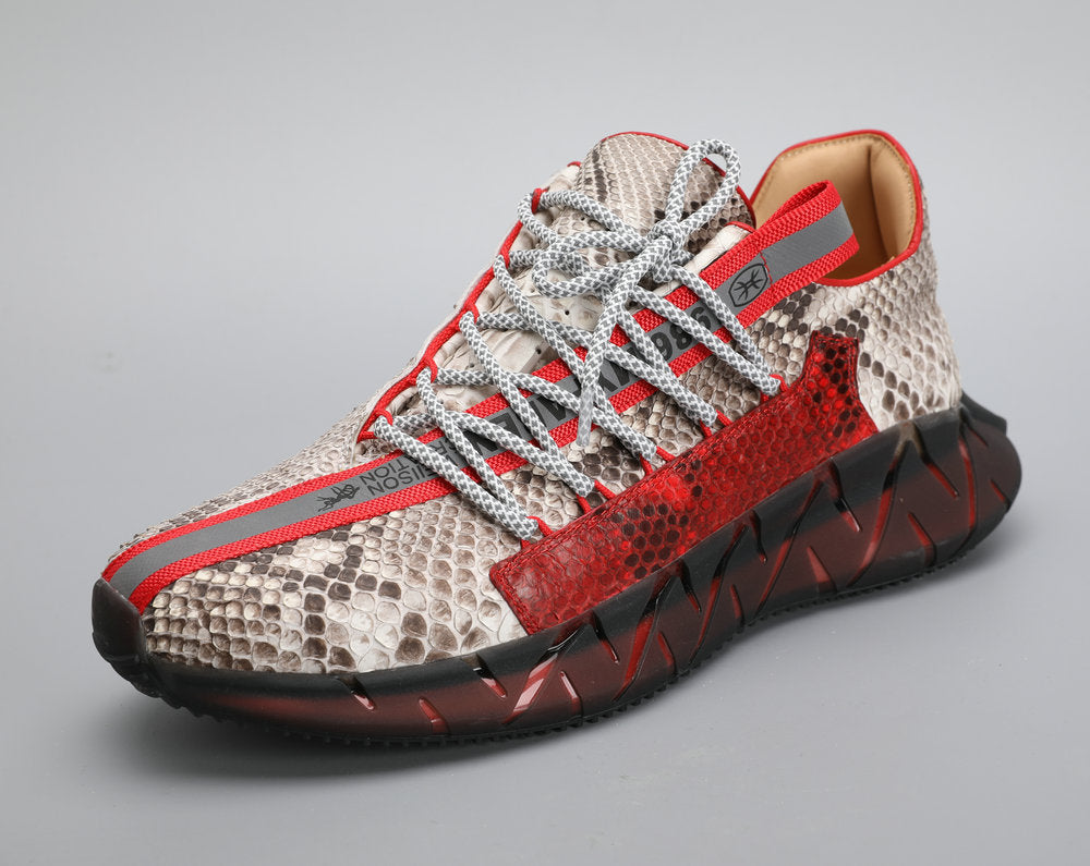 ニシキヘビ皮 本革製 メンズスニーカー スポーツカジュアルシュー ズ滑り止め男性靴