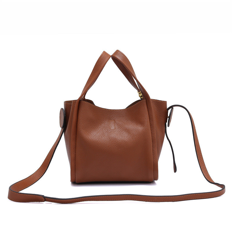 Genuine cowhide leather women's handbag bucket bag shoulder bag commuting 2way bag goes with anything