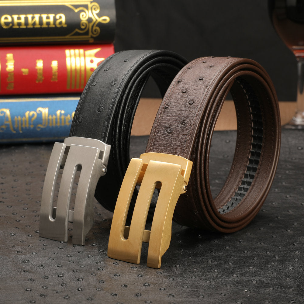 新型ダチョウ皮 本革メンズベルト自動バックル幅3.4cmビジネスカジュアル高級感紳士ベルト