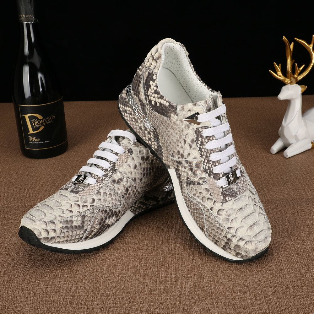 ニシキヘビ皮 本革 メンズスニーカー スポーツカジュアルシューズ 耐摩耗通気男性靴