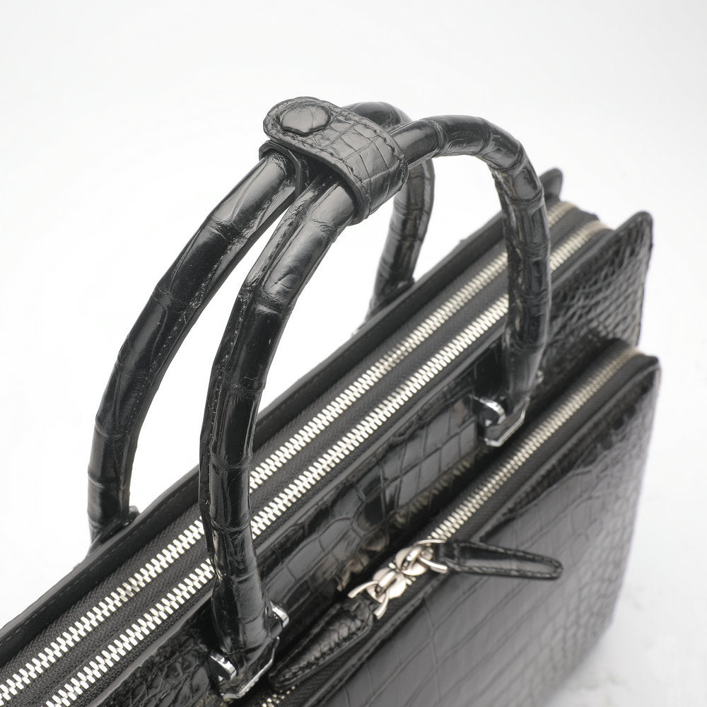 Crocodile Belly Skin Genuine Leather Men's Handbag Briefcase Double Zipper Handbag Business Office Business Trip Commuting File Bag 
