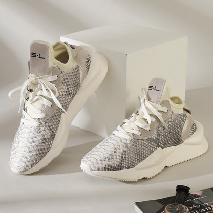 ニシキヘビ皮 本革 メンズスニーカー カジュアル耐摩耗  通気 厚底 男性靴