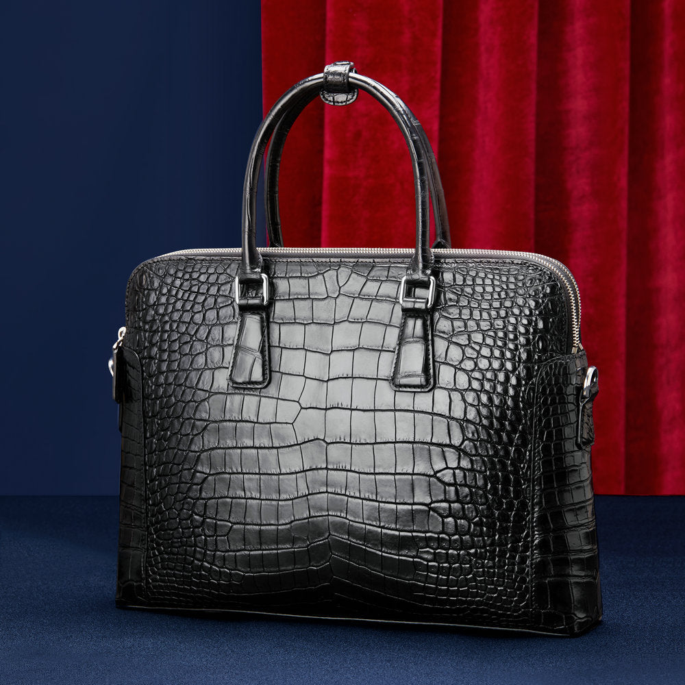 シャムワニ腹の皮 ブリーフケース本革 メンズバッグ ダブルファスナー ハンドバッグ ファイルバッグ 男性用ビジネスバッグ 手提げかばん