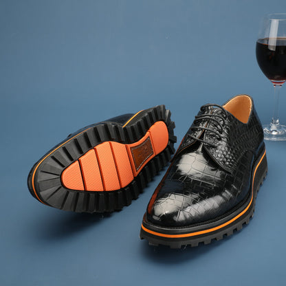 新型ワニ皮メンズ革靴 本革カジュアル厚底 滑り止め ビジネスシューズ