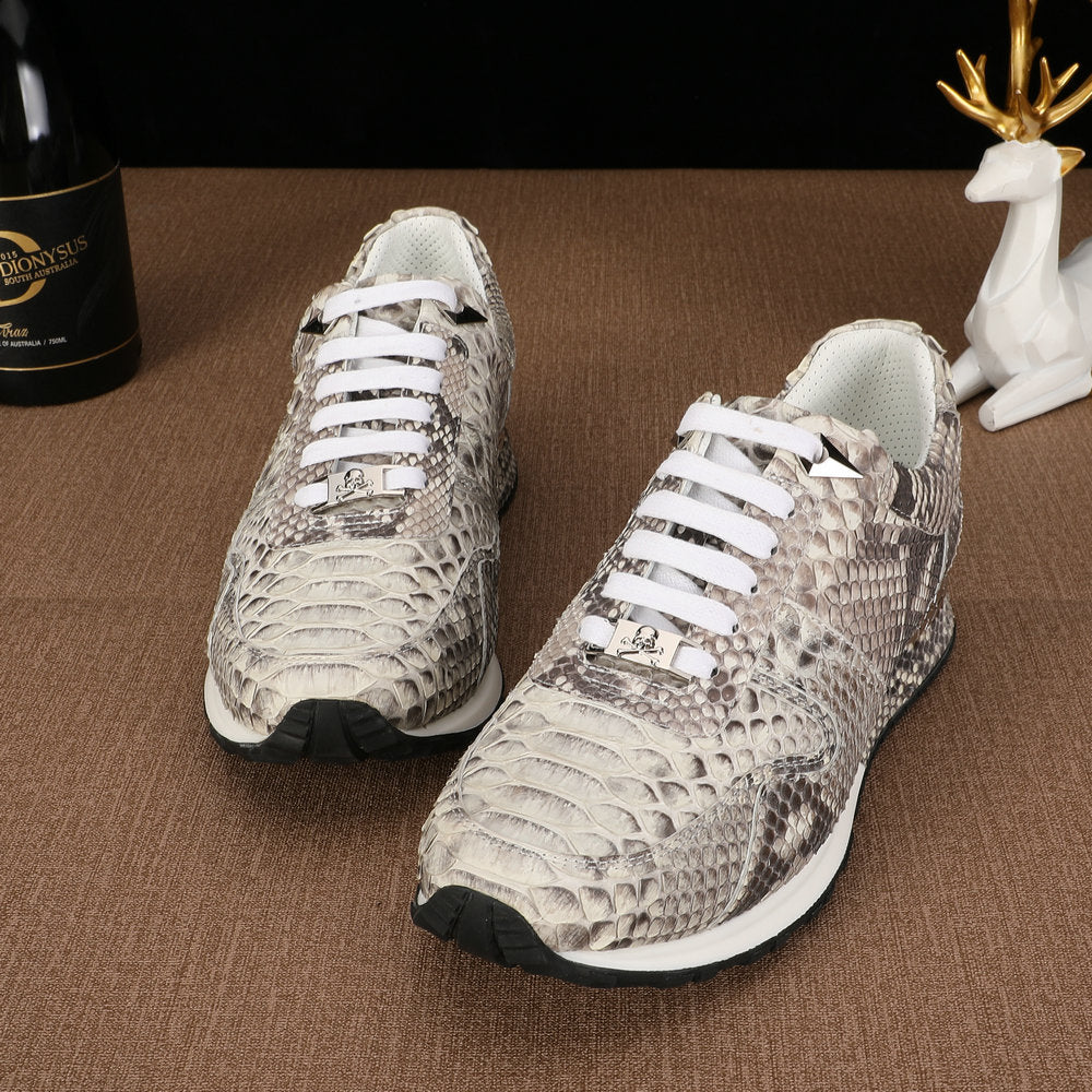 ニシキヘビ皮 本革 メンズスニーカー スポーツカジュアルシューズ 耐摩耗通気男性靴