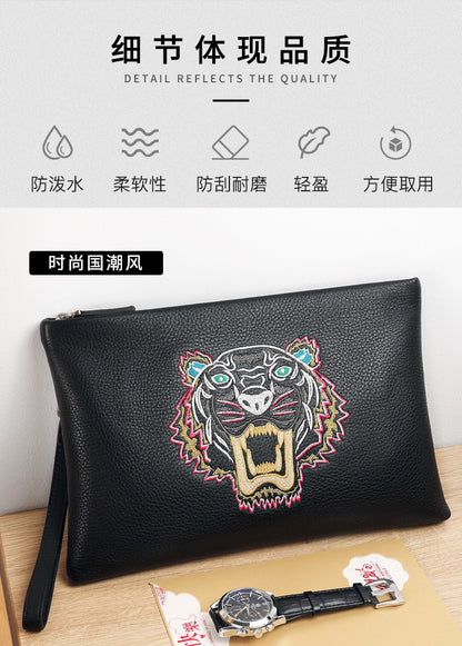メンズクラッチバッグ  牛皮本革製 カジュアルファッション 虎の頭刺繍 男性用ハンドバッグ
