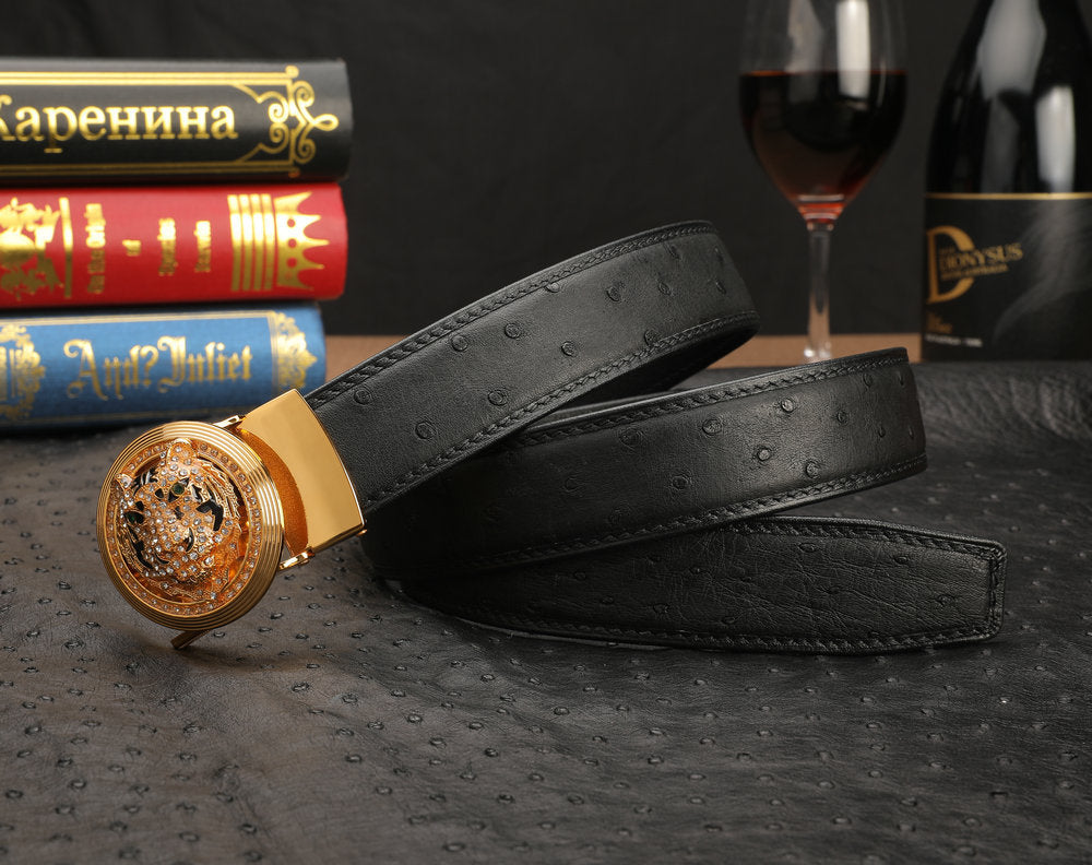 New Ostrich Skin Genuine Leather Men's Belt Automatic Buckle Tiger Head Fashion Business Casual Belt 