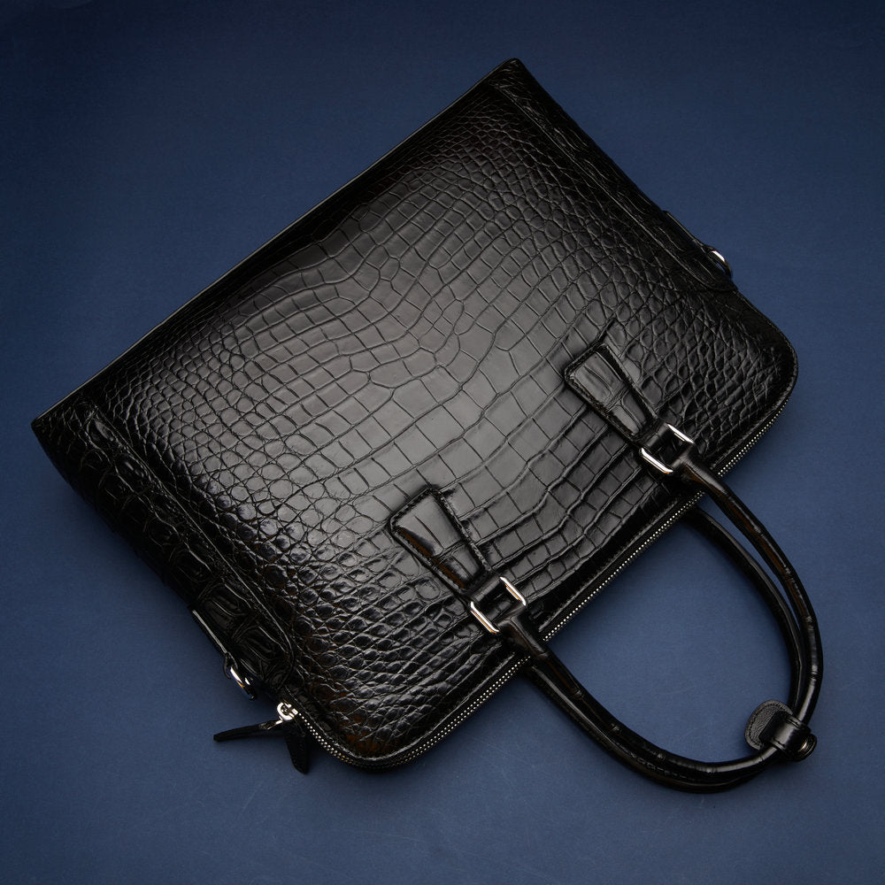 シャムワニ腹の皮 ブリーフケース本革 メンズバッグ ダブルファスナー ハンドバッグ ファイルバッグ 男性用ビジネスバッグ 手提げかばん