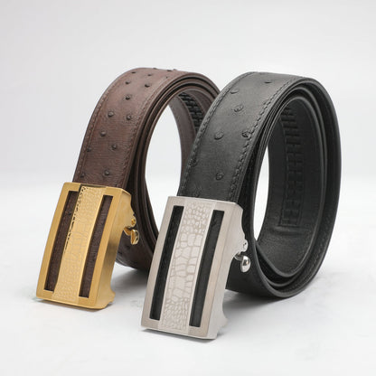 ダチョウ皮 本革メンズベルト自動バックル カジュアル 幅3.4cm 男性ベルト ギフト プレゼント