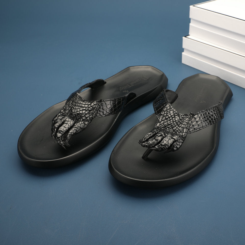 Crocodile Skin Claw Genuine Leather Slip Flop Summer Fashion Outdoor Anti-Slip Men's Slippers Men Sandals 