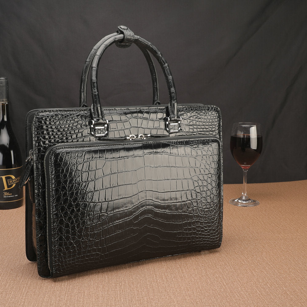 Crocodile Belly Skin Genuine Leather Men's Handbag Briefcase Double Zipper Handbag Business Office Business Trip Commuting File Bag 
