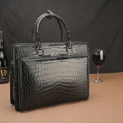 Crocodile Belly Skin Genuine Leather Men's Handbag Briefcase Double Zipper Handbag Business Office Business Trip Commuting File Bag 