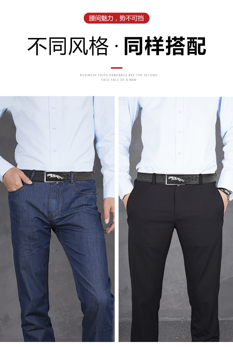 ダチョウの皮メンズベルト本革ビジネスカジュアル自動バックル幅3.4cm高品質男性ベルト