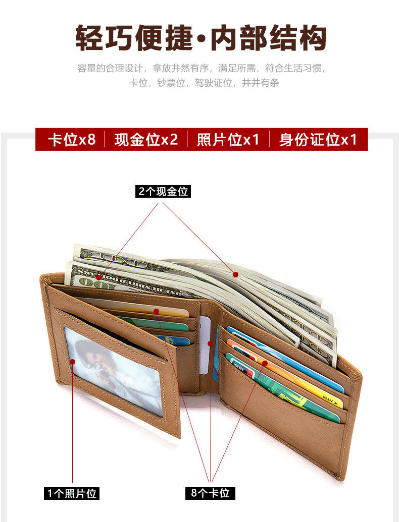 メンズ短財布 牛皮本革製 レトロ 2つ折りカード入れrfid 磁気防止カードバッグ