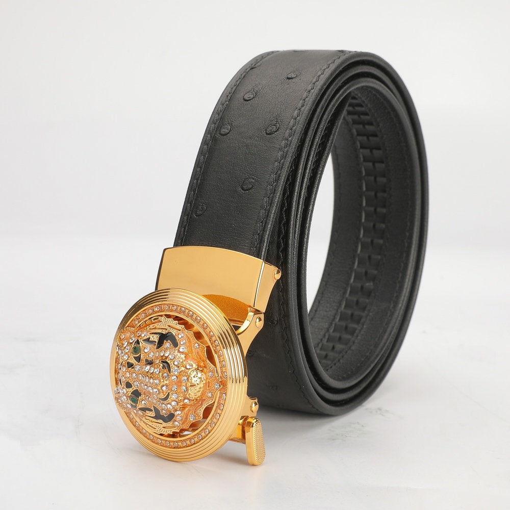 New Ostrich Skin Genuine Leather Men's Belt Automatic Buckle Tiger Head Fashion Business Casual Belt 