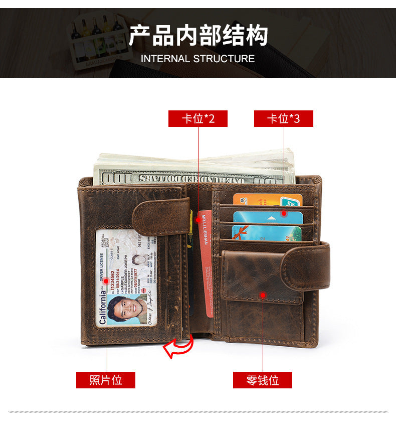 メンズ短財布牛皮本革製レトロクラッチバッグカードバッグ男性用ウォレット