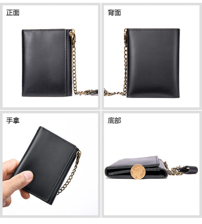 メンズ短財布 牛皮本革製 レトロチェーン 多機能  3つ折り 盗難防止 男性用ウォレット