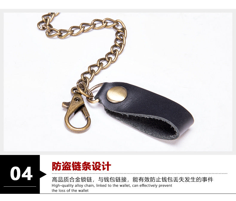 メンズ短財布 牛皮本革製 レトロチェーン 多機能  3つ折り 盗難防止 男性用ウォレット