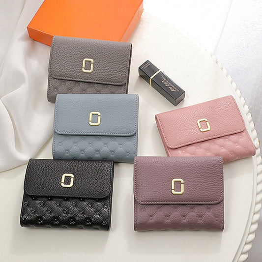 Short Length Ladies Cowhide Check Wallet Fashion Multifunctional Wallet Trifold Wallet