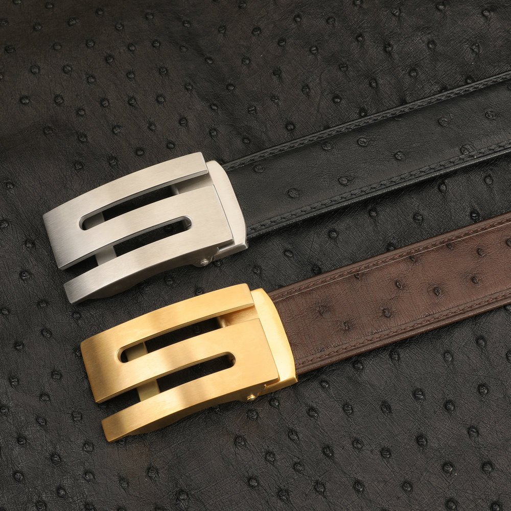 新型ダチョウ皮 本革メンズベルト自動バックル幅3.4cmビジネスカジュアル高級感紳士ベルト