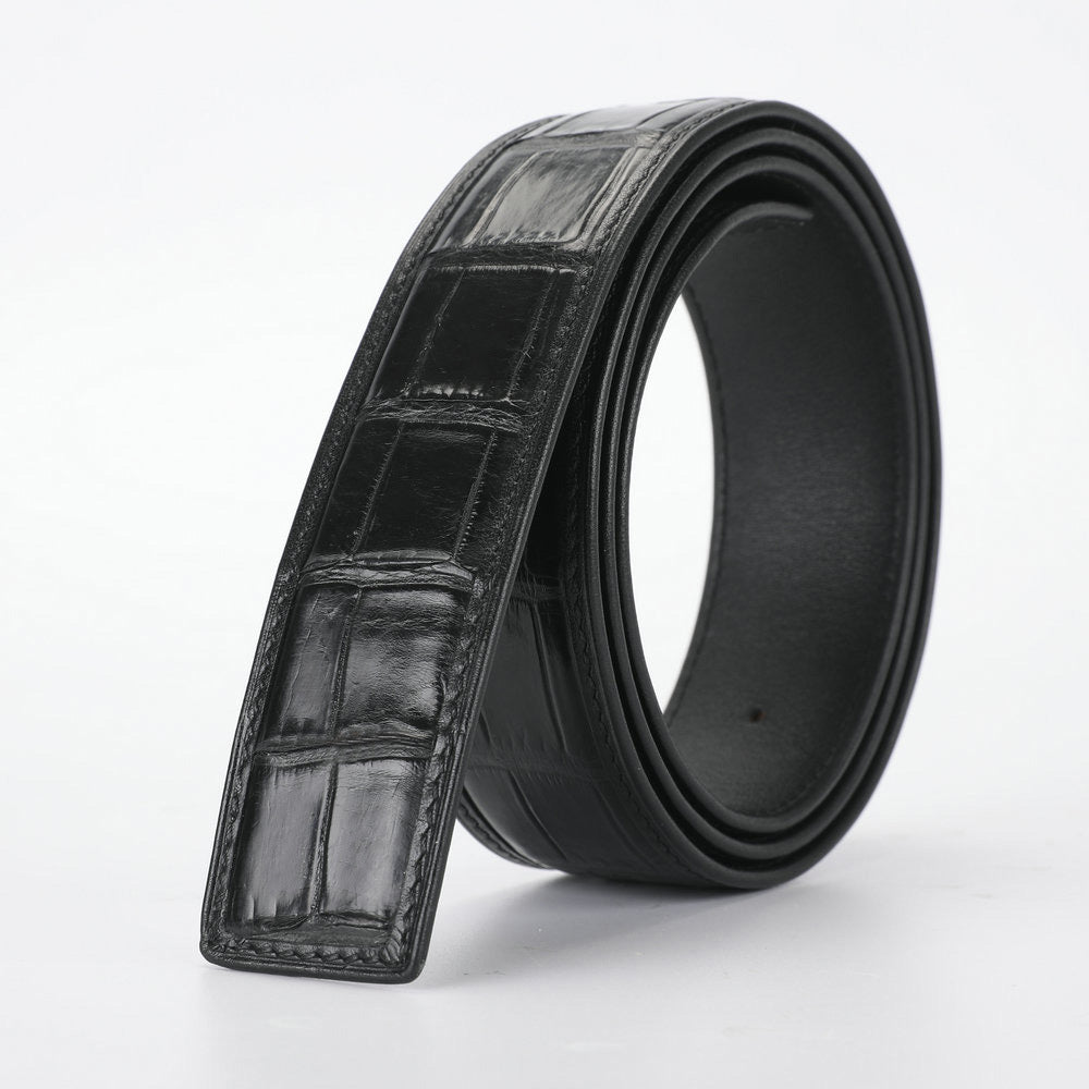 ワニ皮腹の皮バックル無しメンズベルト本革製つなぎ合わせなしビジネスカジュアルプレートバックル針バックル男性ベルトバックル無し