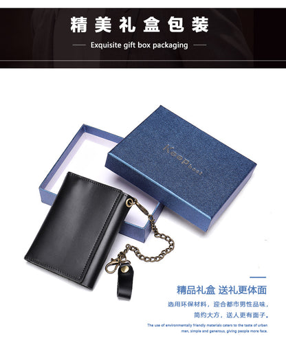 メンズ短財布 牛皮本革製 レトロチェーン 多機能  3つ折り 盗難防止 男性用ウォレット