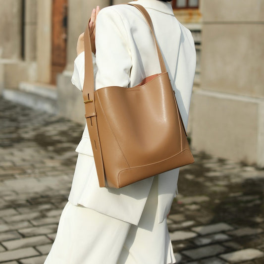 Trend Fashion Genuine Leather Women's Bag Bucket Bag Large Capacity Retro Shoulder Bag Luxury Underarm Bag