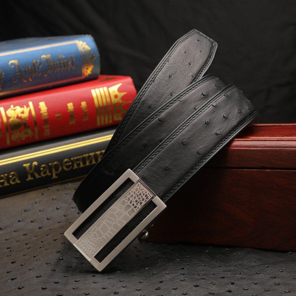 ダチョウ皮 本革メンズベルト自動バックル カジュアル 幅3.4cm 男性ベルト ギフト プレゼント