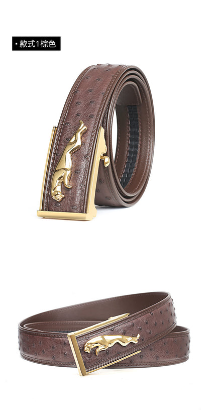 ダチョウの皮メンズベルト本革ビジネスカジュアル自動バックル幅3.4cm高品質男性ベルト