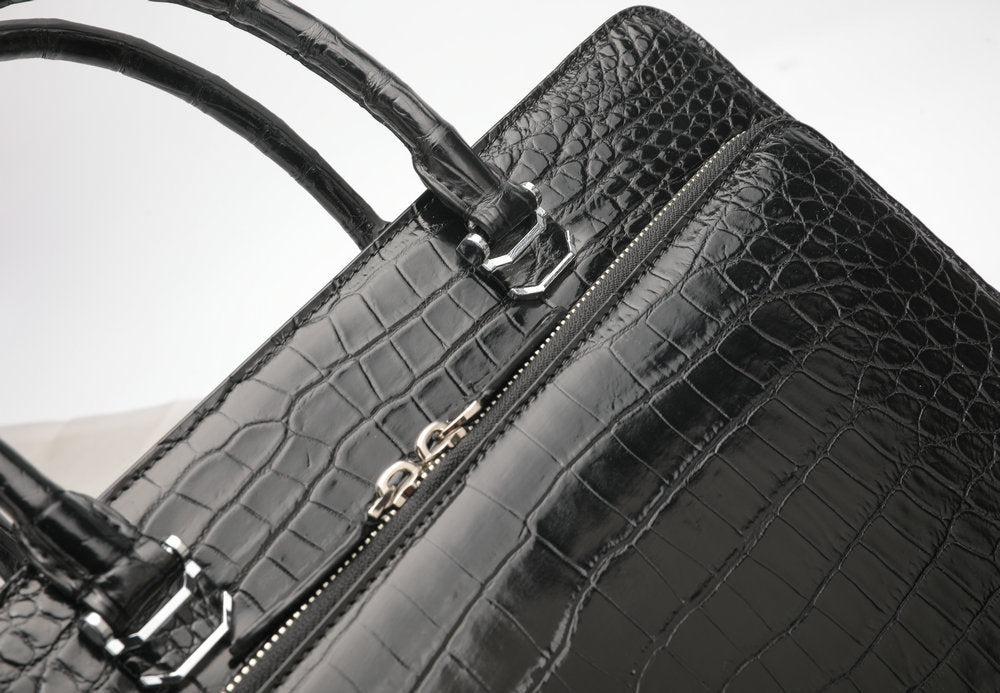 Crocodile Belly Skin Genuine Leather Men's Handbag Briefcase Double Zipper Handbag Business Office Business Trip Commuting File Bag 