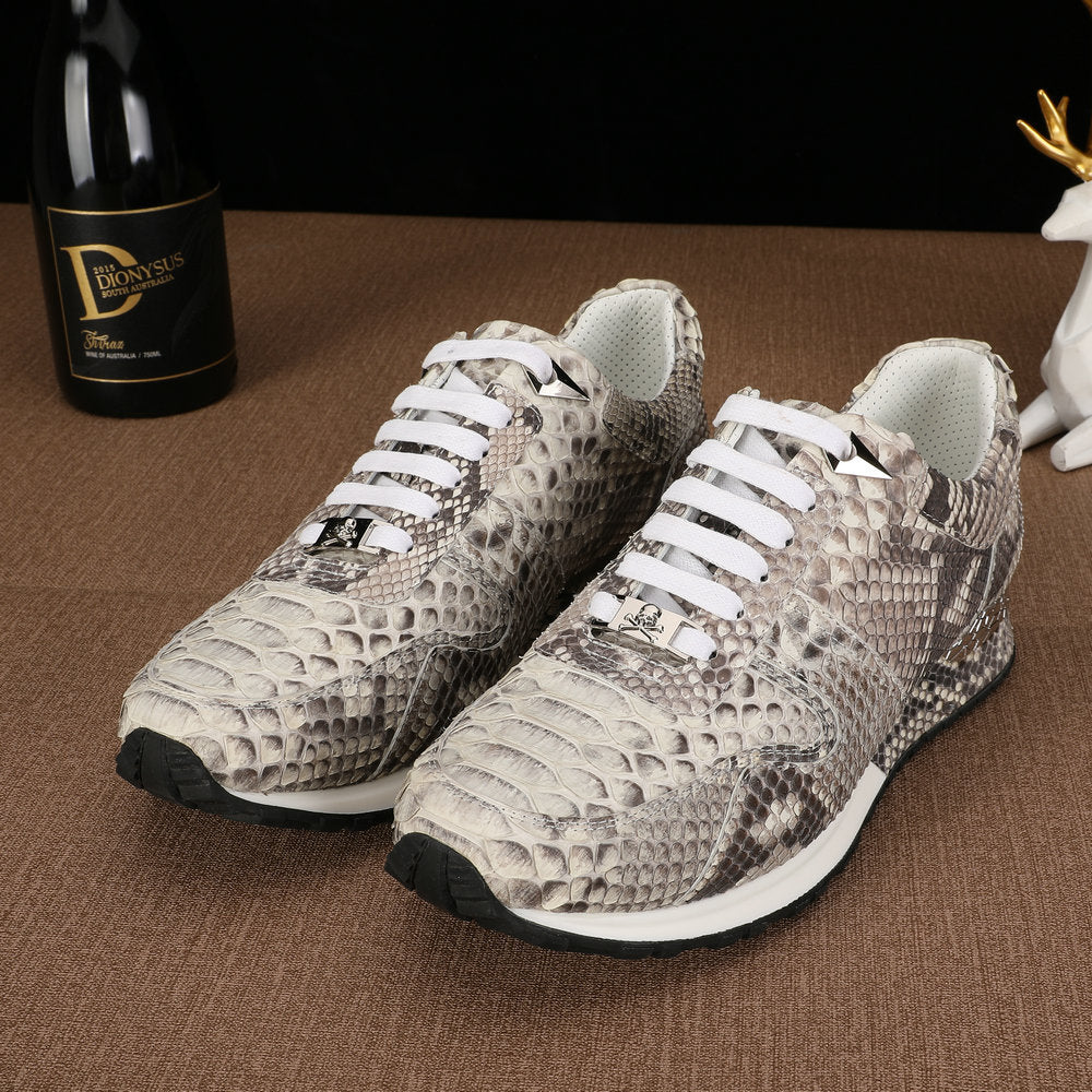 ニシキヘビ皮 本革 メンズスニーカー スポーツカジュアルシューズ 耐摩耗通気男性靴