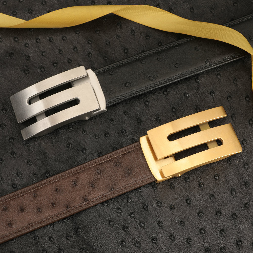 新型ダチョウ皮 本革メンズベルト自動バックル幅3.4cmビジネスカジュアル高級感紳士ベルト