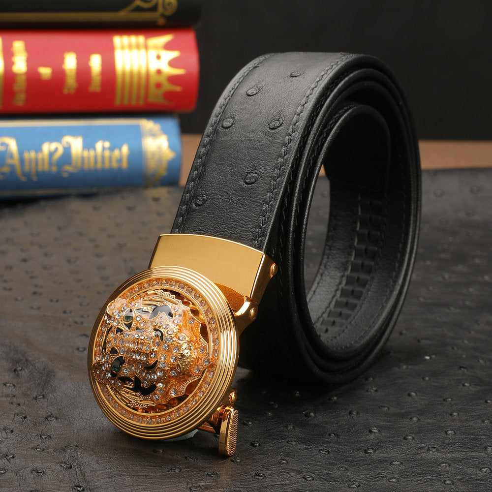 New Ostrich Skin Genuine Leather Men's Belt Automatic Buckle Tiger Head Fashion Business Casual Belt 