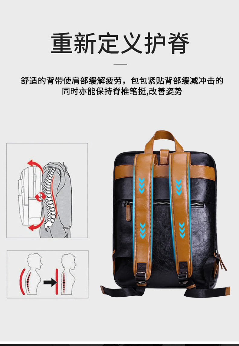 Men's backpack, cowhide, genuine leather, business casual, laptop double shoulder backpack, student bag, men's travel backpack 