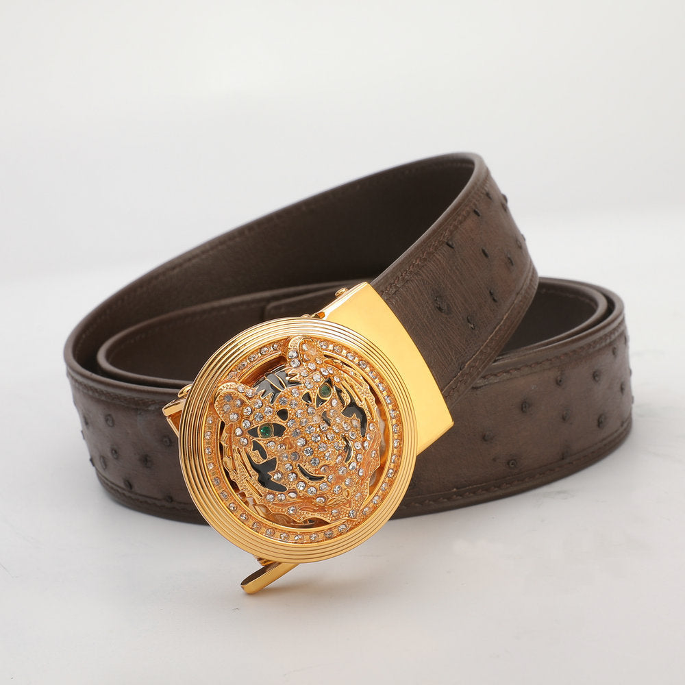 New Ostrich Skin Genuine Leather Men's Belt Automatic Buckle Tiger Head Fashion Business Casual Belt 