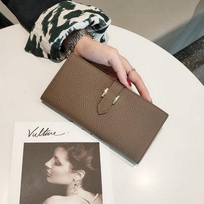 Simple Ladies Cowhide Handbag Lychee Pattern Fashion Long Bifold Wallet Genuine Leather Wallet 