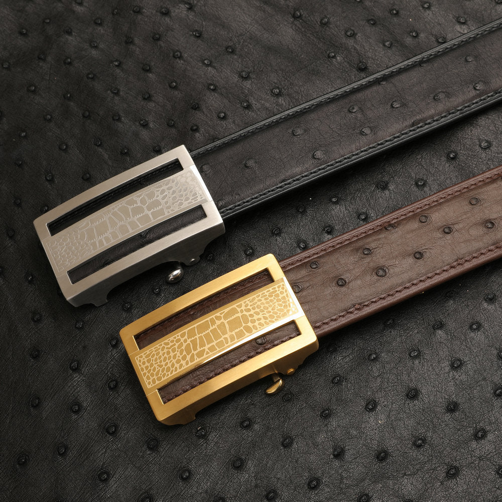 ダチョウ皮 本革メンズベルト自動バックル カジュアル 幅3.4cm 男性ベルト ギフト プレゼント