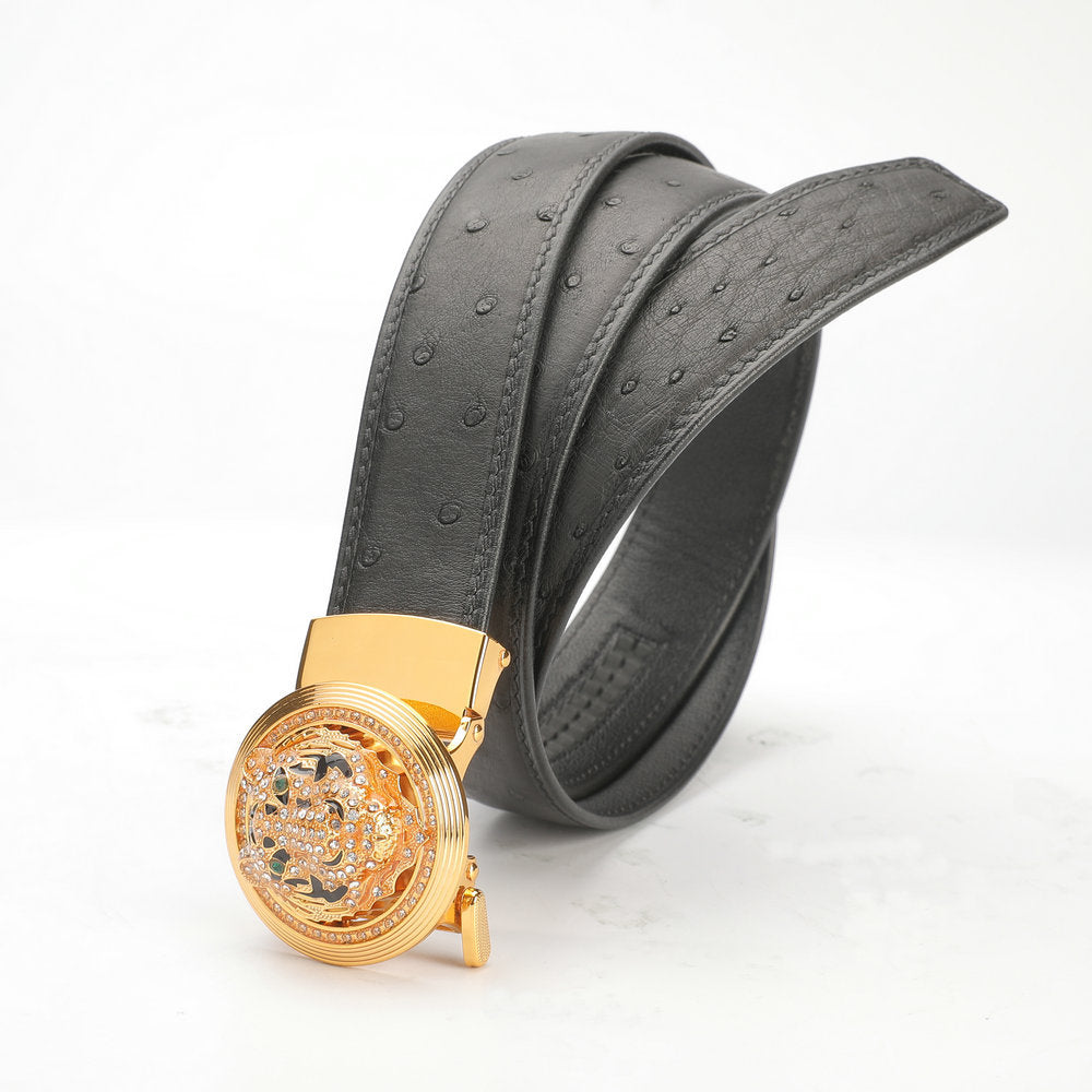 New Ostrich Skin Genuine Leather Men's Belt Automatic Buckle Tiger Head Fashion Business Casual Belt 