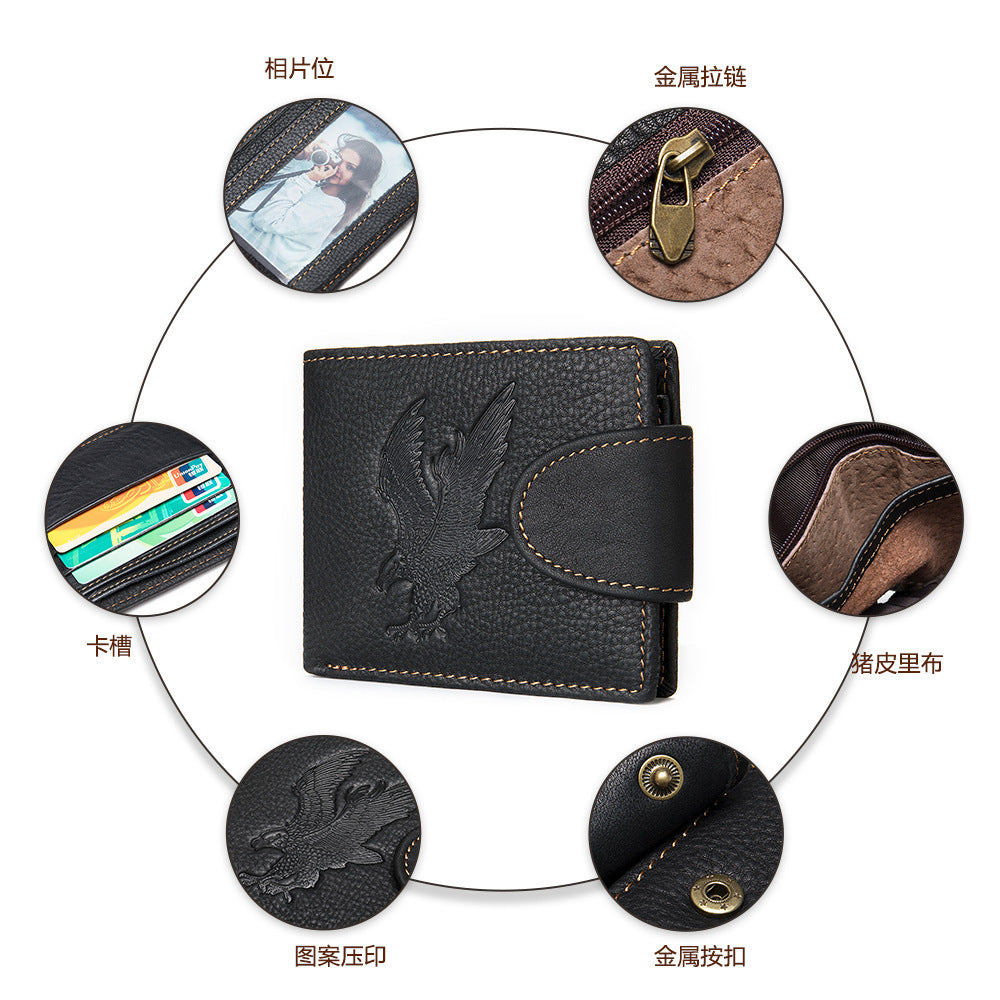 メンズ短財布 牛皮本革製 鷹 個性 ファッション 男性用カードバッグウォレット