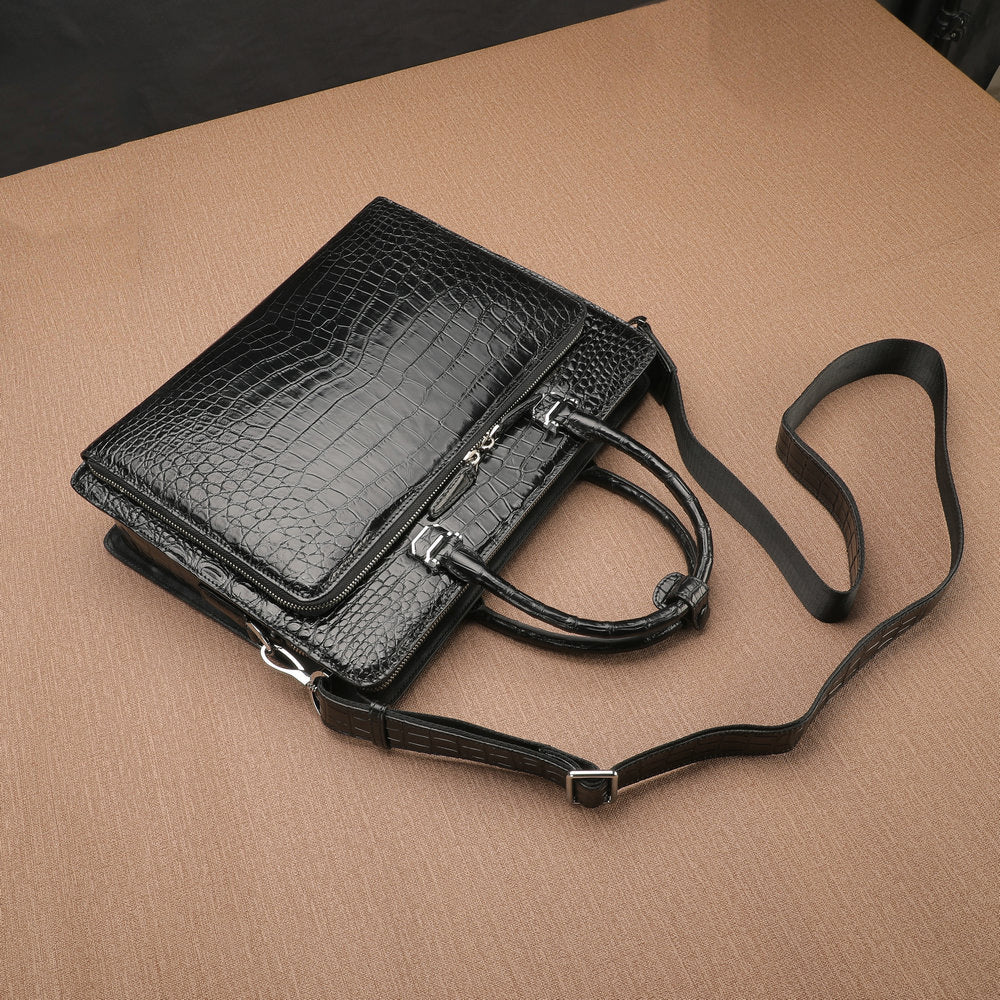 Crocodile Belly Skin Genuine Leather Men's Handbag Briefcase Double Zipper Handbag Business Office Business Trip Commuting File Bag 