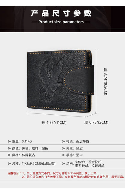 メンズ短財布 牛皮本革製 鷹 個性 ファッション 男性用カードバッグウォレット
