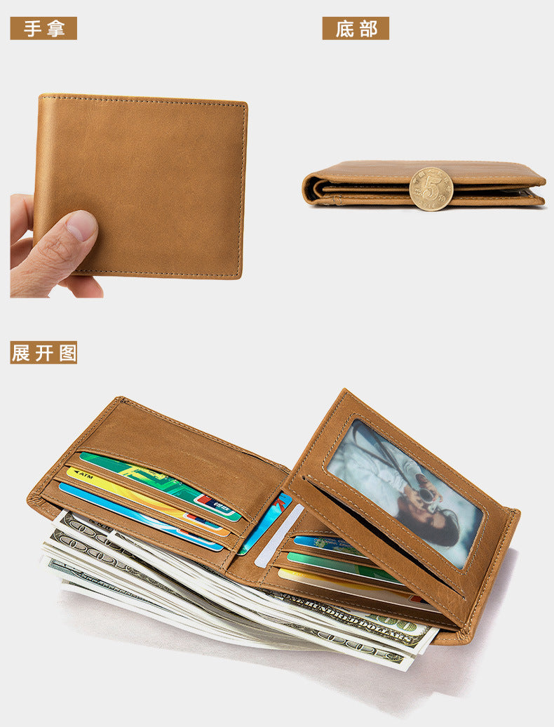 メンズ短財布 牛皮本革製 レトロ 2つ折りカード入れrfid 磁気防止カードバッグ