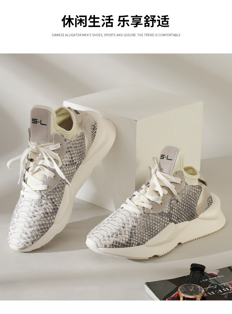 ニシキヘビ皮 本革 メンズスニーカー カジュアル耐摩耗  通気 厚底 男性靴