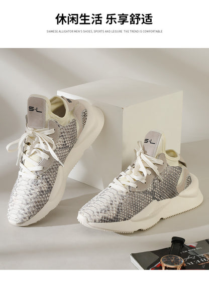 ニシキヘビ皮 本革 メンズスニーカー カジュアル耐摩耗  通気 厚底 男性靴