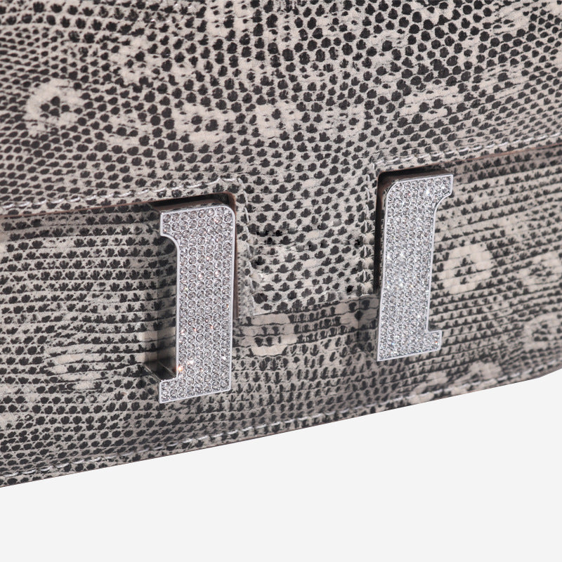 シャムワニ皮トカゲ柄高級感本革レディースバッグラインストーンバックル脇バッグ斜めがけバッグ